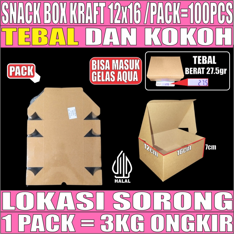 Snack Box Coklat 12x16 PACK Kraft 275gsm Tutup sambung