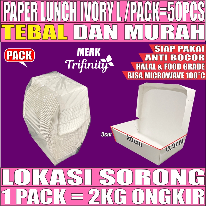 Paper Lunch L Ivory Pack 50pcs Box Kotak Tutup Putih Trifinity