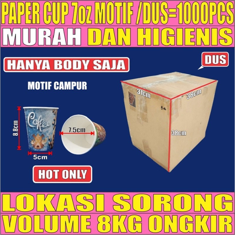 Paper Cup 7oz Dus 1000pcs Motif Campur 210ml Hanya Body Murah
