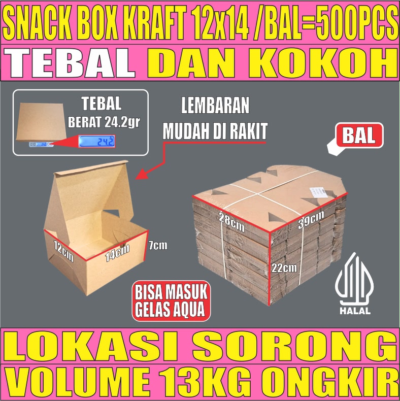 Snack Box Coklat 12x14 BALL 500pcs Kraft Tutup sambung 275gsm Tebal 24gr snn