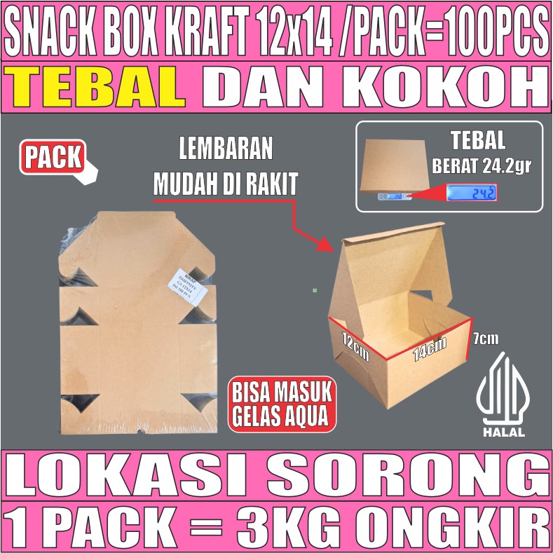 Snack Box Coklat 12x14 Pack 100pcs Kraft 275gsm Tutup sambung